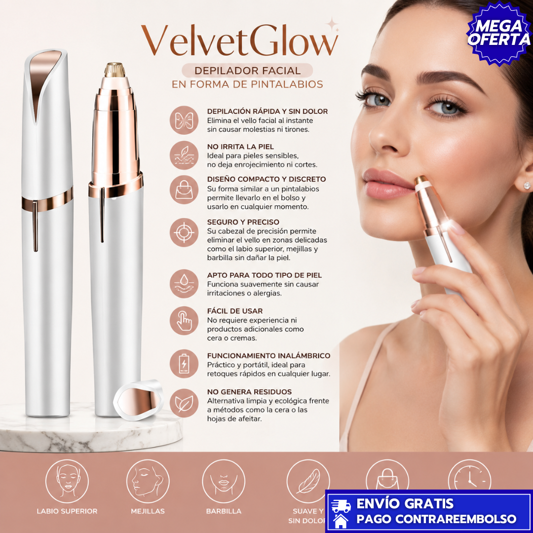 VelvetGlow: Depilador Facial Compacto e Indoloro para una Piel Suave al Instante.