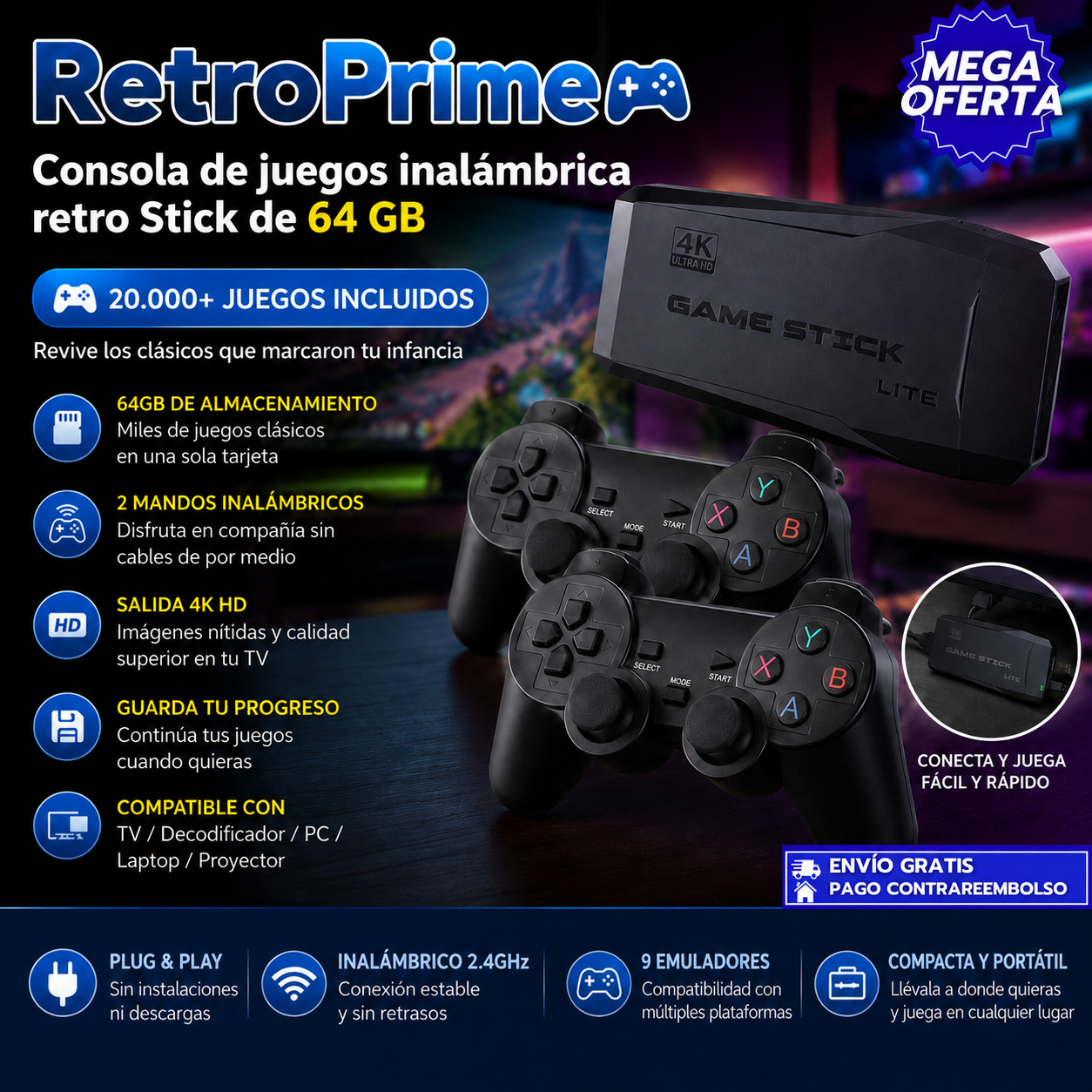 RetroPrime: Consola Retro Inalámbrica con 20.000+ juegos clásicos y salida 4K HD.